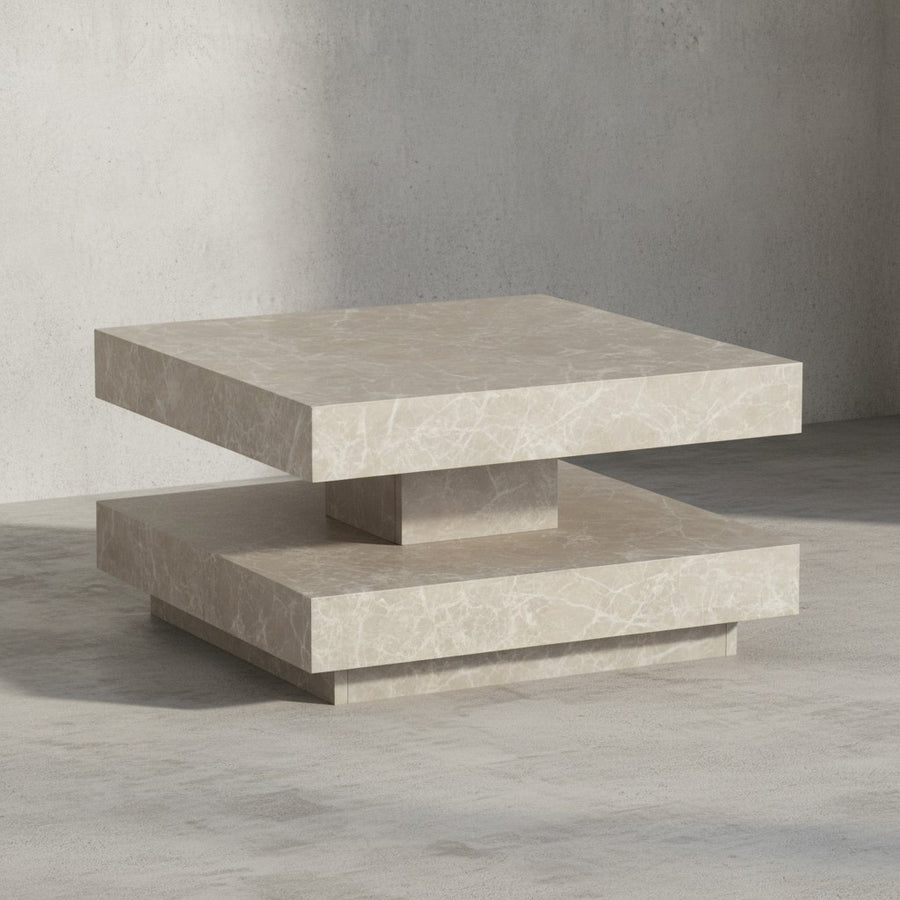 Couchtisch 60x60x34 cm Sandfarben Sofatisch in Stein-Optik Modern - Design Wohnzimmertisch mit Stauraum Quadratisch - Loungetisch  - Kaffeetisch Klein_