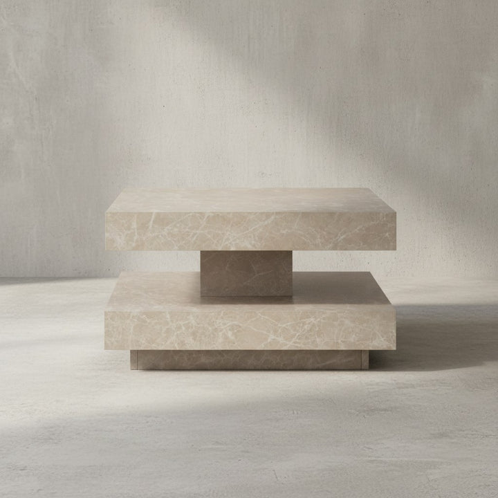 Couchtisch 60x60x34 cm Sandfarben Sofatisch in Stein-Optik Modern - Design Wohnzimmertisch mit Stauraum Quadratisch - Loungetisch  - Kaffeetisch Klein_