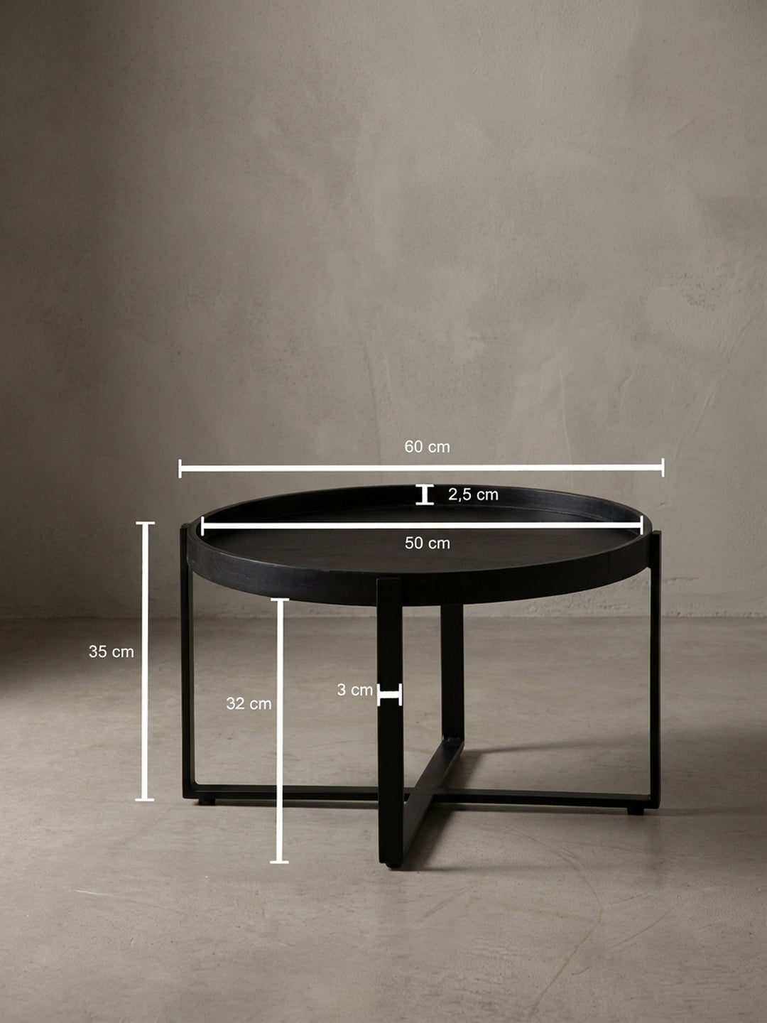 Technisches Maßbild des Couchtisches mit allen relevanten Abmessungen: Gesamtbreite 60 cm, Höhe 35 cm und Innendurchmesser der Platte 50 cm._