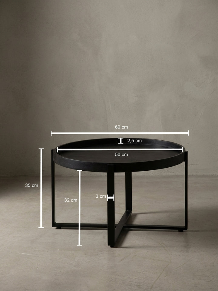 Technisches Maßbild des Couchtisches mit allen relevanten Abmessungen: Gesamtbreite 60 cm, Höhe 35 cm und Innendurchmesser der Platte 50 cm._