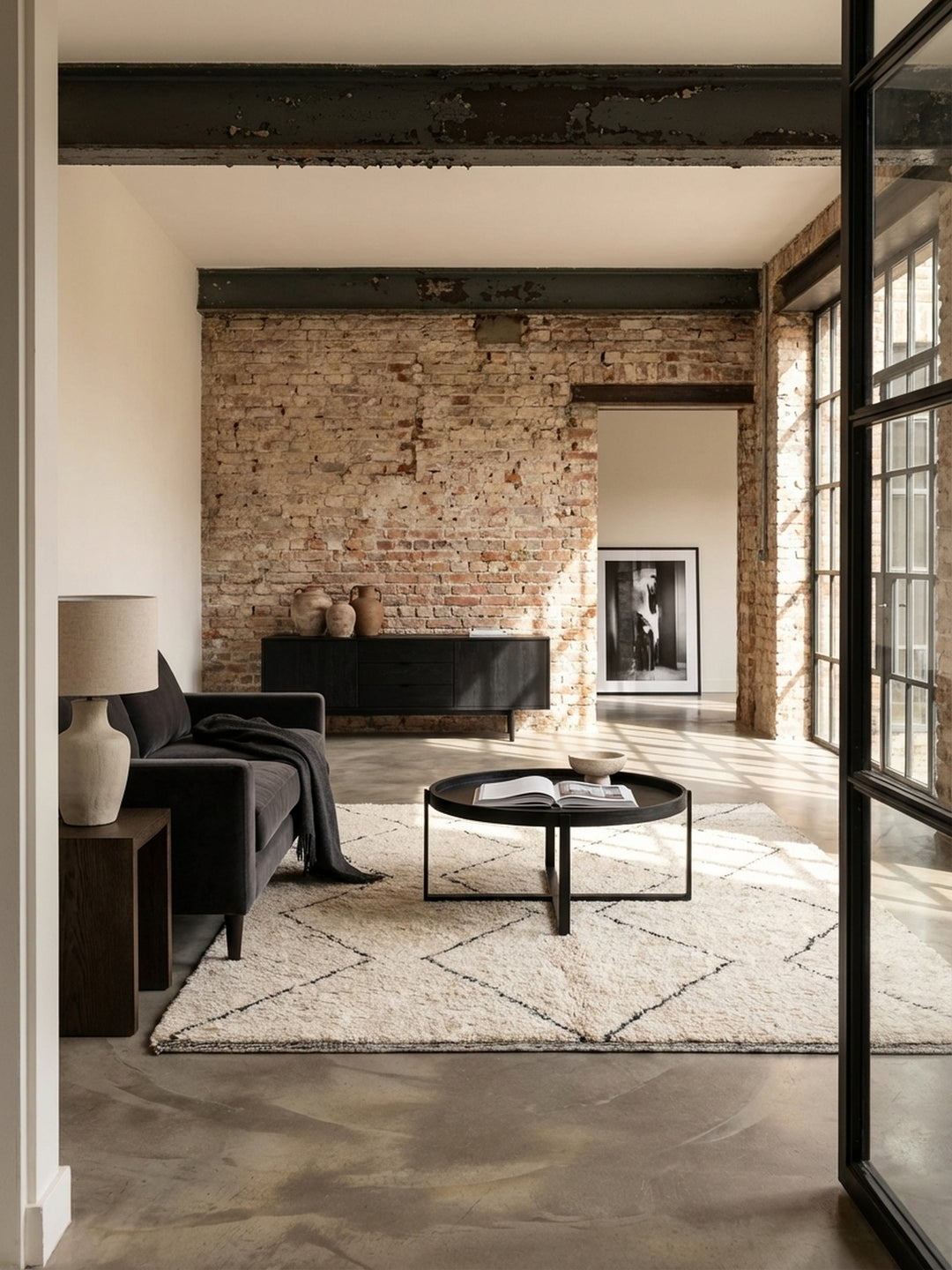 Eleganter runder Couchtisch aus schwarzem Mangoholz im Mittelpunkt eines minimalistischen Wohnzimmers mit hellem Sofa und Beni Mrirt Teppich._