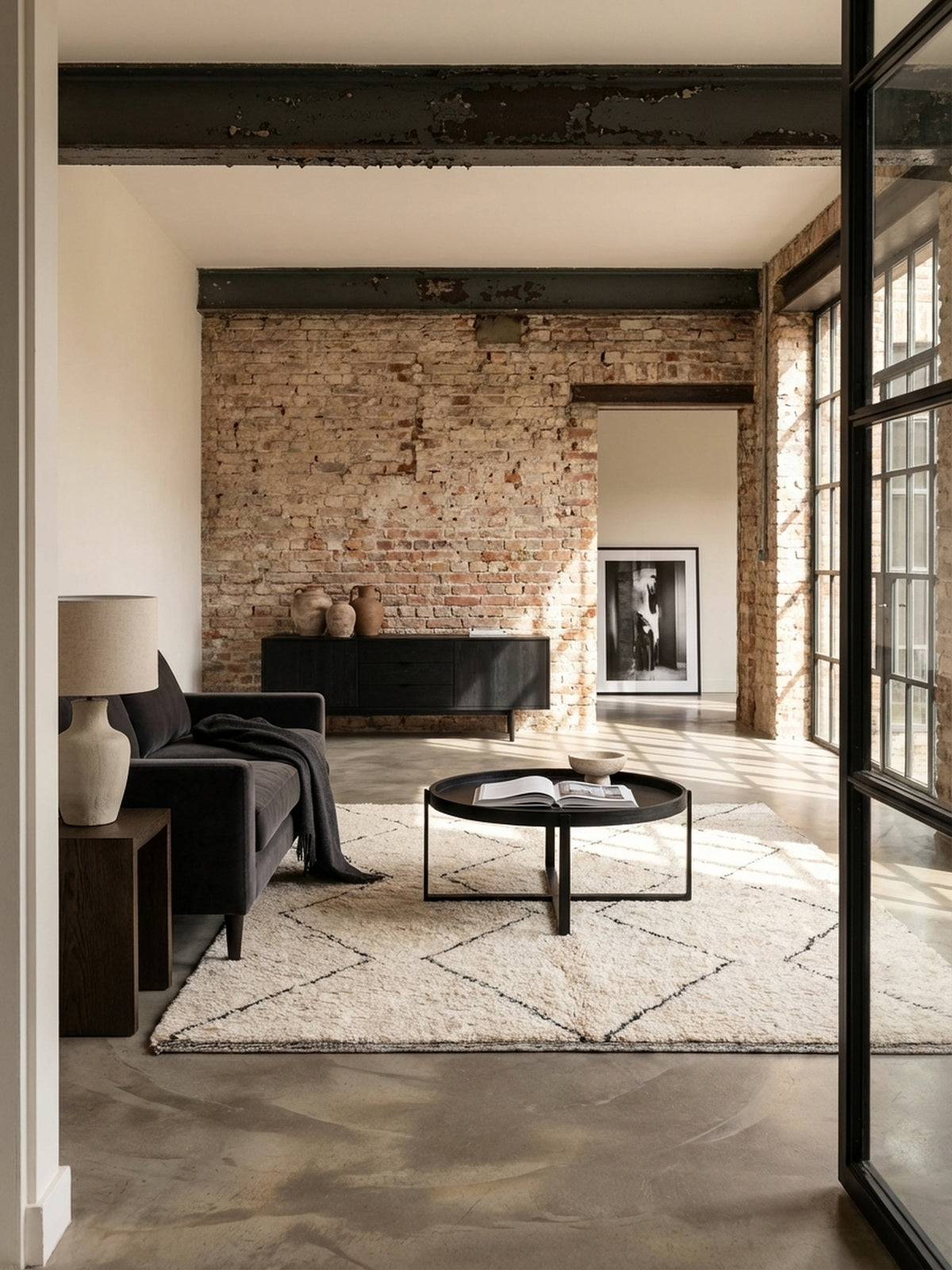 Eleganter runder Couchtisch aus schwarzem Mangoholz im Mittelpunkt eines minimalistischen Wohnzimmers mit hellem Sofa und Beni Mrirt Teppich.