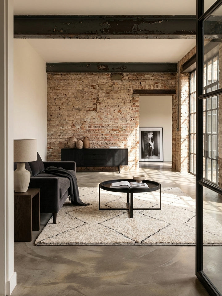 Eleganter runder Couchtisch aus schwarzem Mangoholz im Mittelpunkt eines minimalistischen Wohnzimmers mit hellem Sofa und Beni Mrirt Teppich._