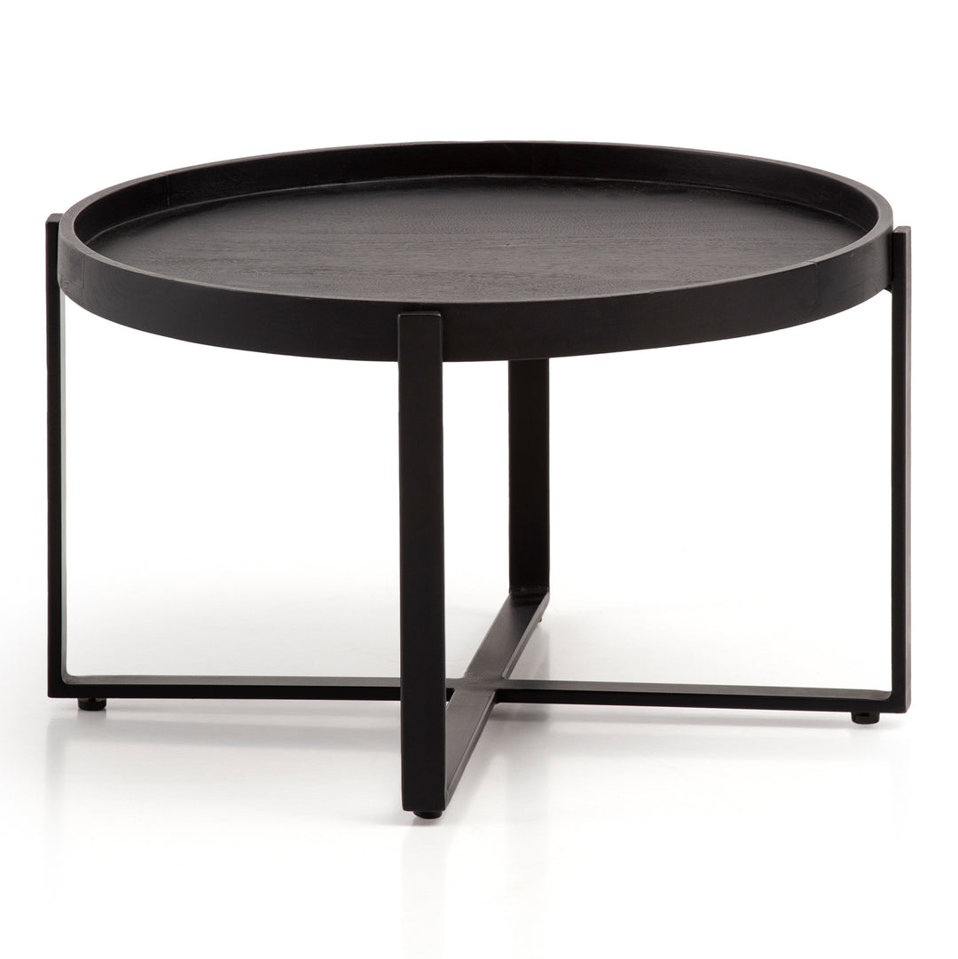 Couchtisch Schwarz Mango Massivholz Metall, Rund mit erhöhtem Rand, 60x60x35 cm