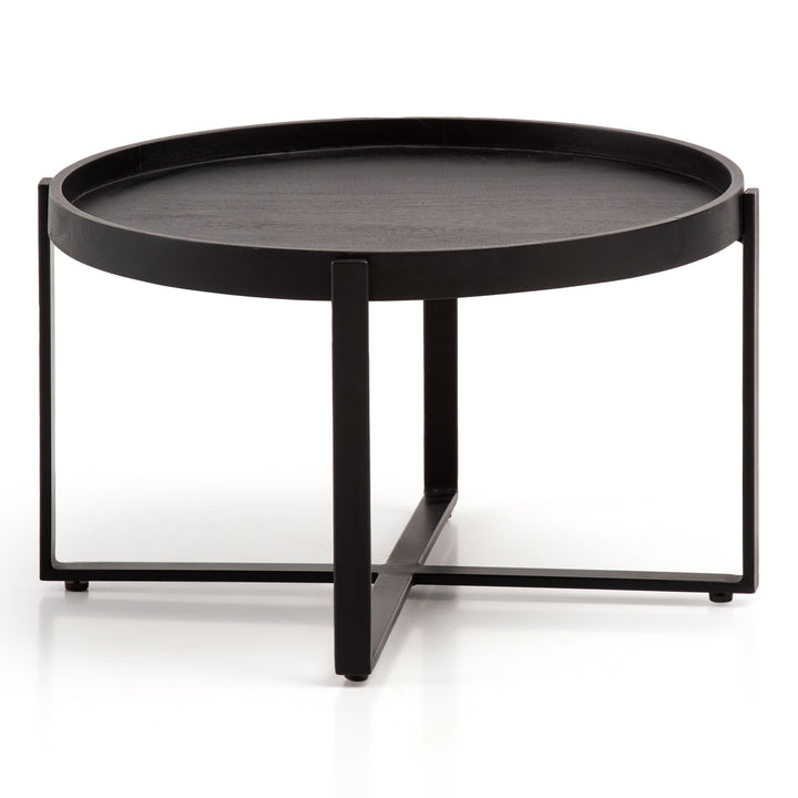 Couchtisch Schwarz Mango Massivholz Metall, Rund mit erhöhtem Rand, 60x60x35 cm