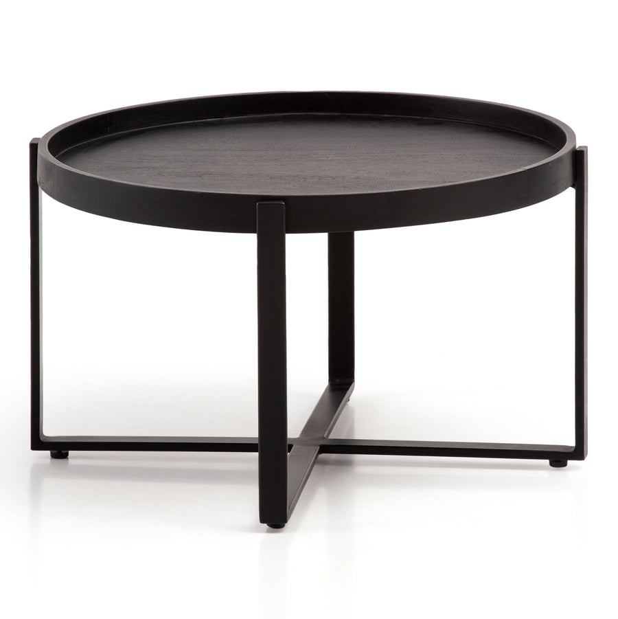 Couchtisch Schwarz Mango Massivholz Metall, Rund mit erhöhtem Rand, 60x60x35 cm