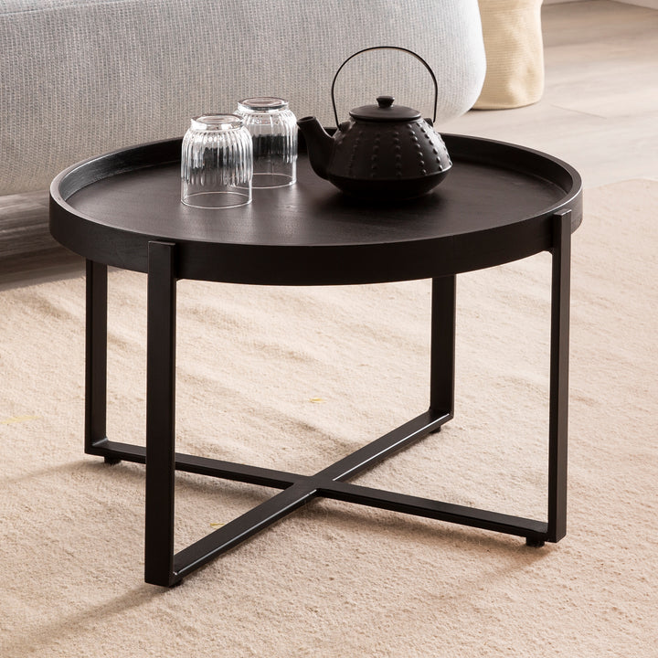 Couchtisch Schwarz Mango Massivholz Metall, Rund mit erhöhtem Rand, 60x60x35 cm