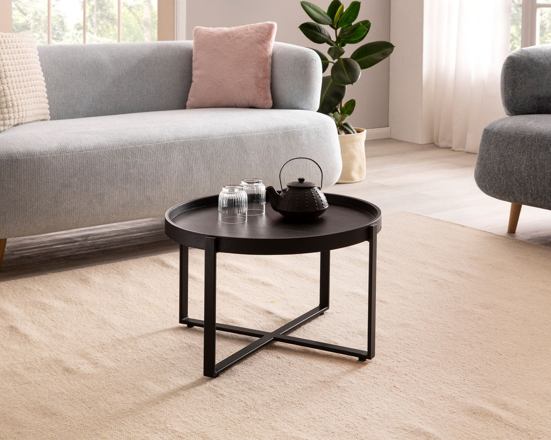 Couchtisch Schwarz Mango Massivholz Metall, Rund mit erhöhtem Rand, 60x60x35 cm