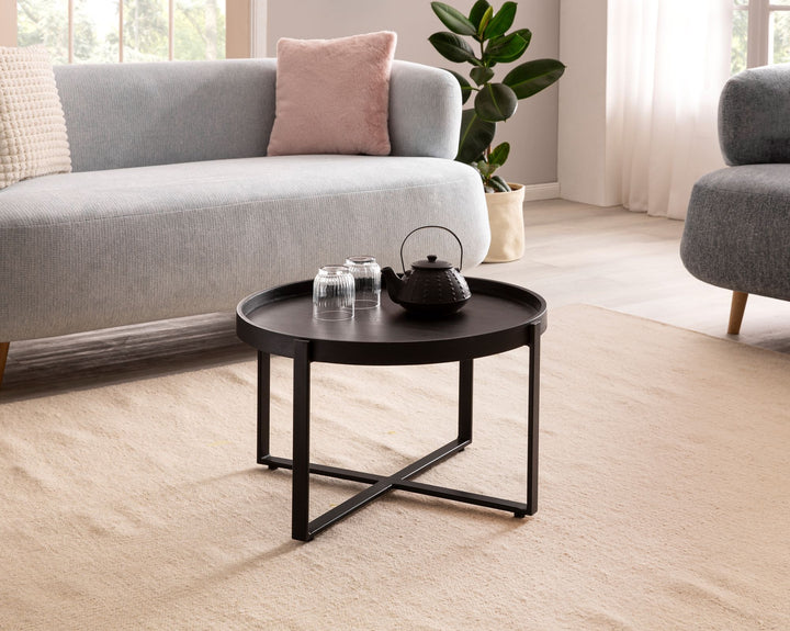 Couchtisch Schwarz Mango Massivholz Metall, Rund mit erhöhtem Rand, 60x60x35 cm