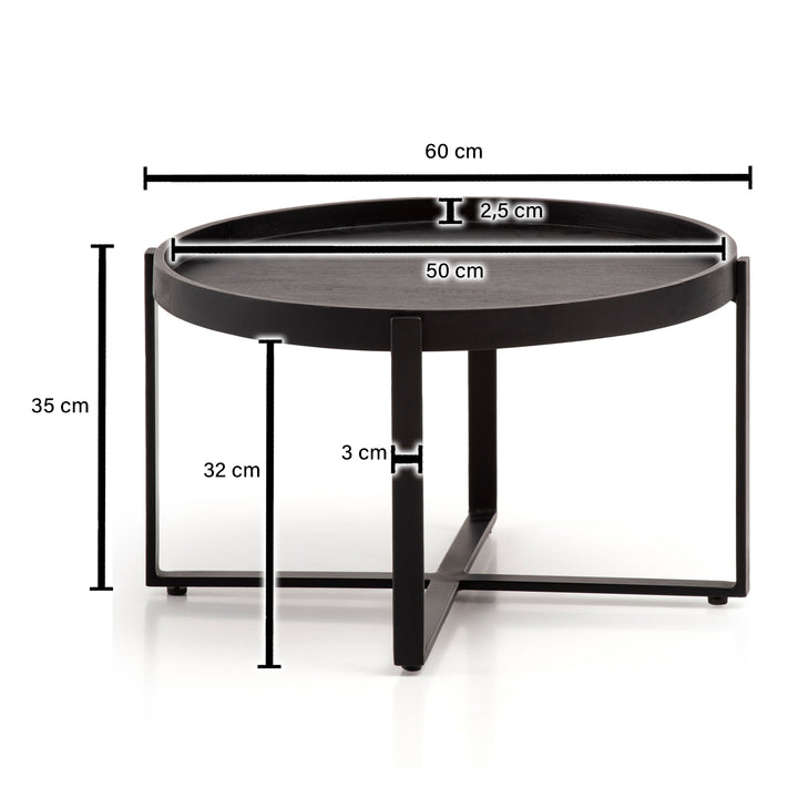Couchtisch Schwarz Mango Massivholz Metall, Rund mit erhöhtem Rand, 60x60x35 cm