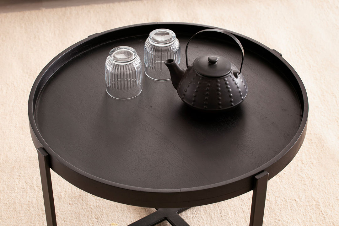 Couchtisch Schwarz Mango Massivholz Metall, Rund mit erhöhtem Rand, 60x60x35 cm