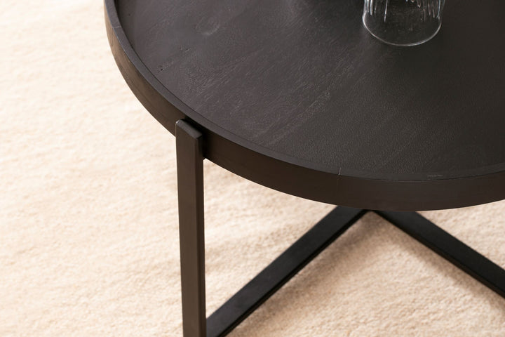 Couchtisch Schwarz Mango Massivholz Metall, Rund mit erhöhtem Rand, 60x60x35 cm