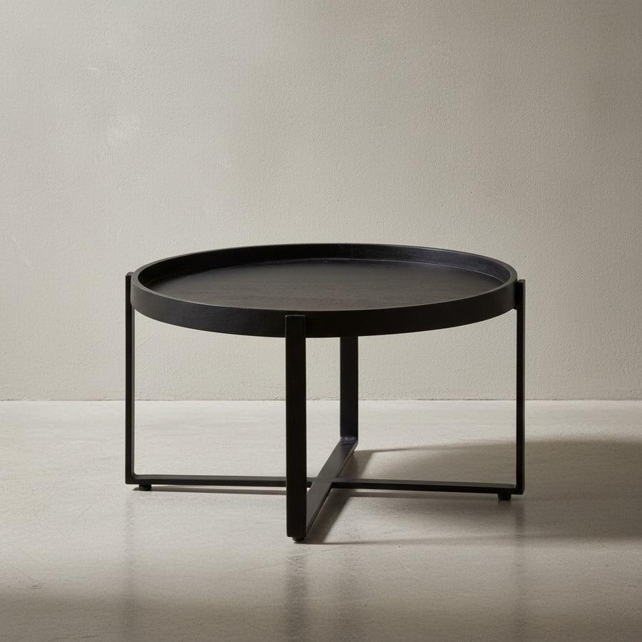 Couchtisch 60x60x35 cm Mango Massivholz / Metall Schwarz Sofatisch Rund - Design Wohnzimmertisch mit erhöhtem Rand - Industrial Kaffeetisch Wohnzimmer Modern_