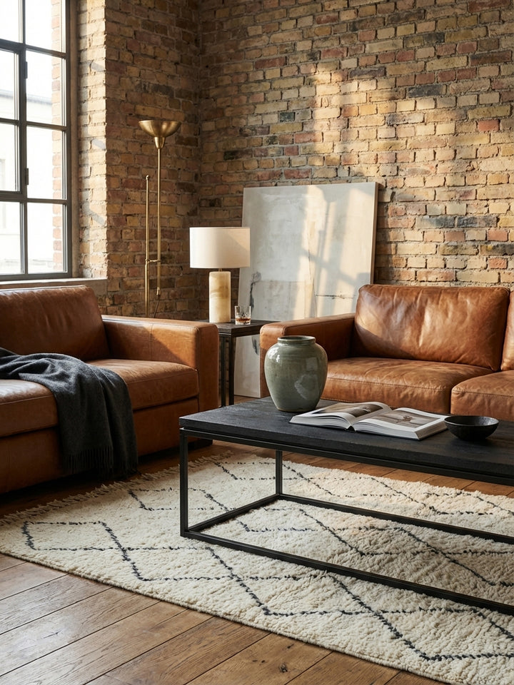 Der schwarze Couchtisch im Industrial-Stil harmoniert perfekt mit einem grauen Sessel aus Bouclé und einem warmen Cognac-Ledersofa._