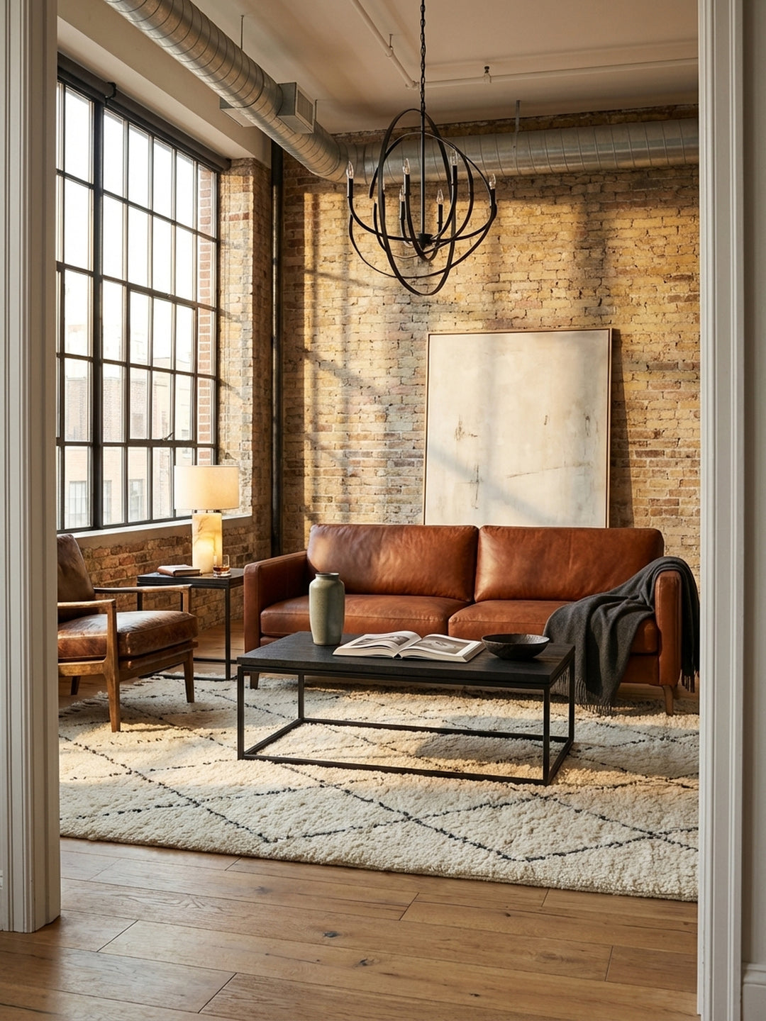 Ein schwarzer Couchtisch aus massivem Mangoholz und Metallgestell als Zentrum eines Industrial-Loft-Wohnzimmers mit Ledersofa und Backsteinwand._