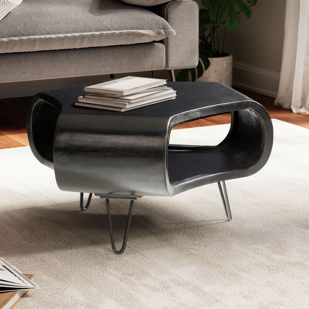 Couchtisch Schwarz Massivholz Mango mit Stauraum 60x60x35 cm Haarnadelbeine