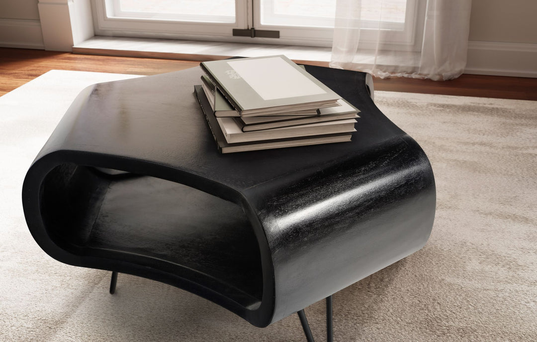 Couchtisch Schwarz Massivholz Mango mit Stauraum 60x60x35 cm Haarnadelbeine