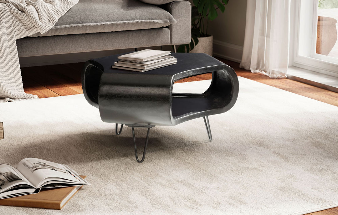 Couchtisch Schwarz Massivholz Mango mit Stauraum 60x60x35 cm Haarnadelbeine