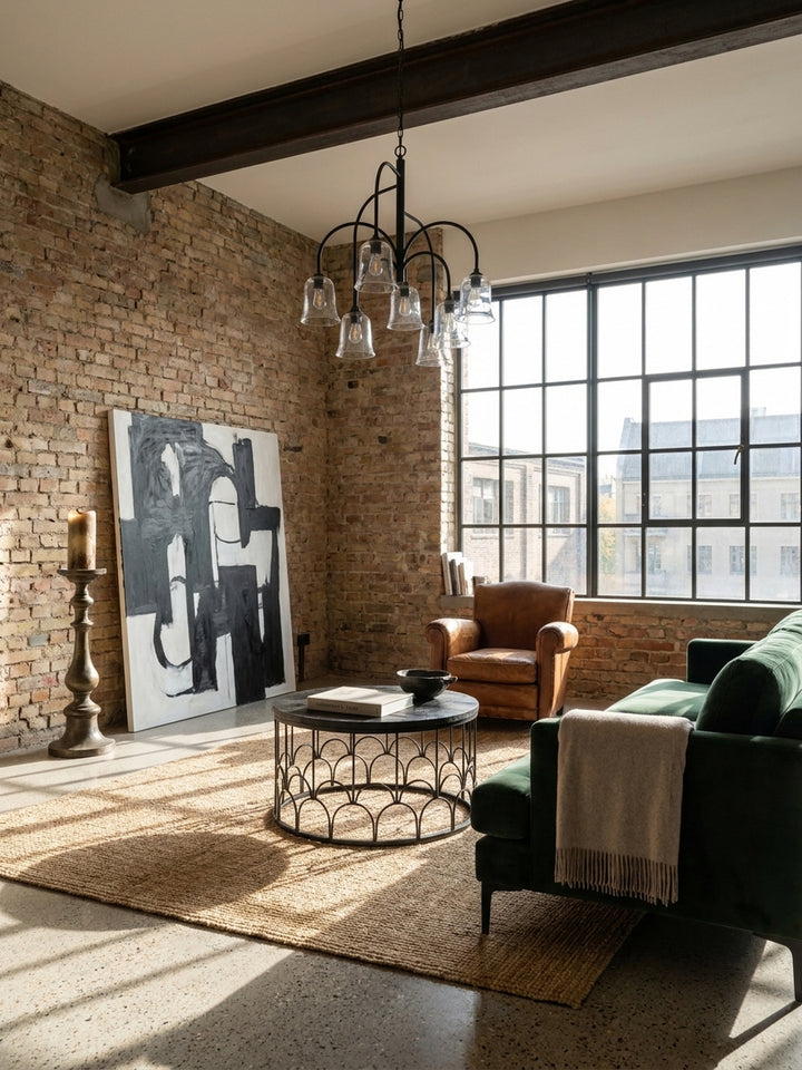 Schwarzer Couchtisch aus Metall und Mangoholz platziert vor einem hellen Leinensofa mit Zierkissen, beleuchtet von einer skulpturalen Stehlampe im minimalistischen Wohnbereich._