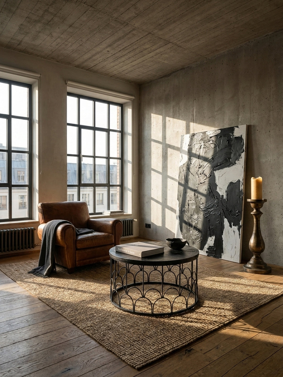 Runder Couchtisch aus schwarzem Mango Massivholz und filigranem Eisengestell im luxuriösen Loft-Wohnzimmer auf hellem Beni-Ourain-Teppich vor industrieller Sichtbetonwand._