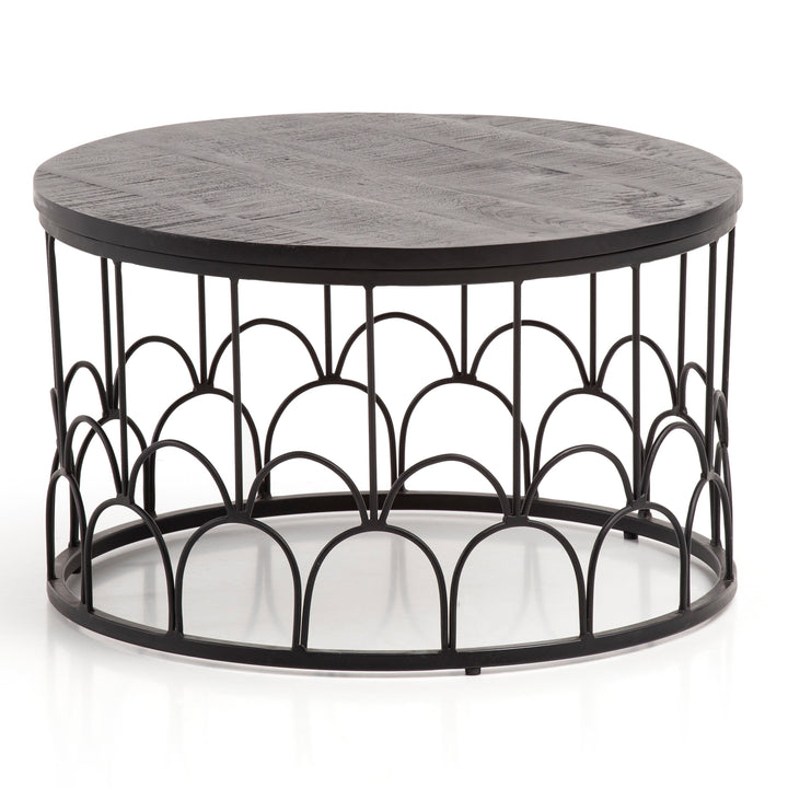 Couchtisch Rund in Schwarz aus Mango Massivholz mit Metallgestell, 60x60x36cm, Industrial Design