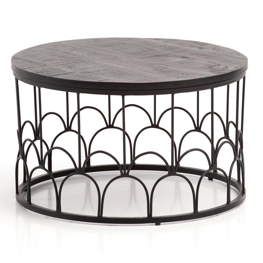 Couchtisch Rund in Schwarz aus Mango Massivholz mit Metallgestell, 60x60x36cm, Industrial Design