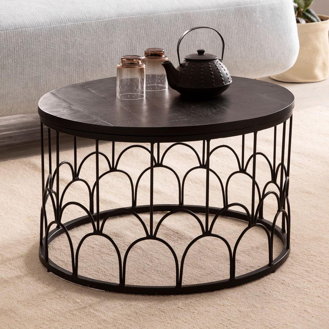 Couchtisch Rund in Schwarz aus Mango Massivholz mit Metallgestell, 60x60x36cm, Industrial Design