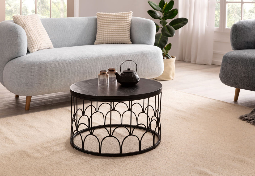 Couchtisch Rund in Schwarz aus Mango Massivholz mit Metallgestell, 60x60x36cm, Industrial Design