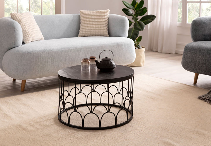 Couchtisch Rund in Schwarz aus Mango Massivholz mit Metallgestell, 60x60x36cm, Industrial Design