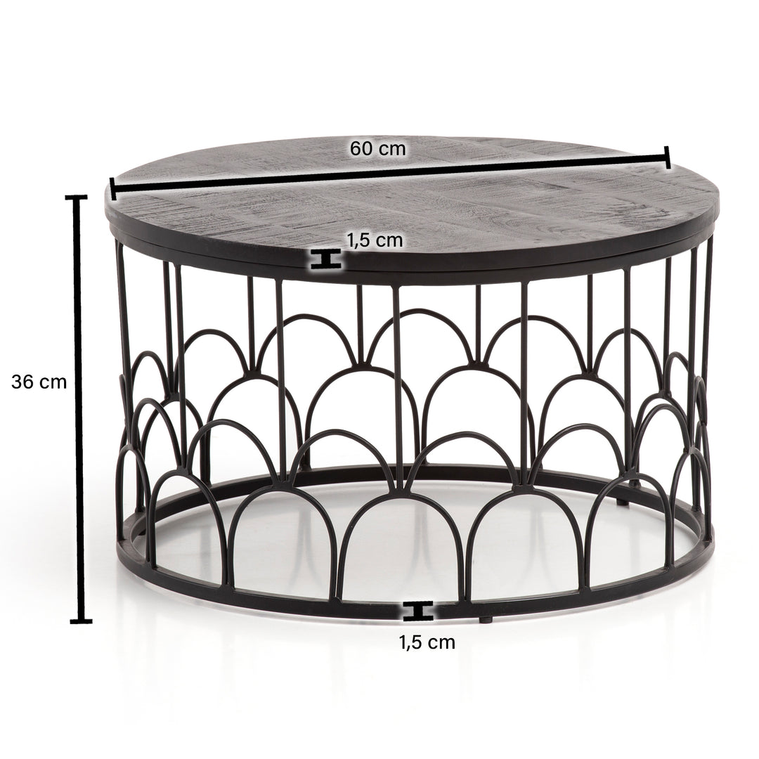 Couchtisch Rund in Schwarz aus Mango Massivholz mit Metallgestell, 60x60x36cm, Industrial Design