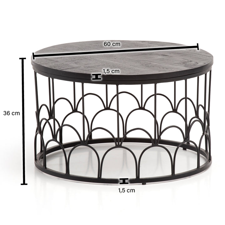 Couchtisch Rund in Schwarz aus Mango Massivholz mit Metallgestell, 60x60x36cm, Industrial Design