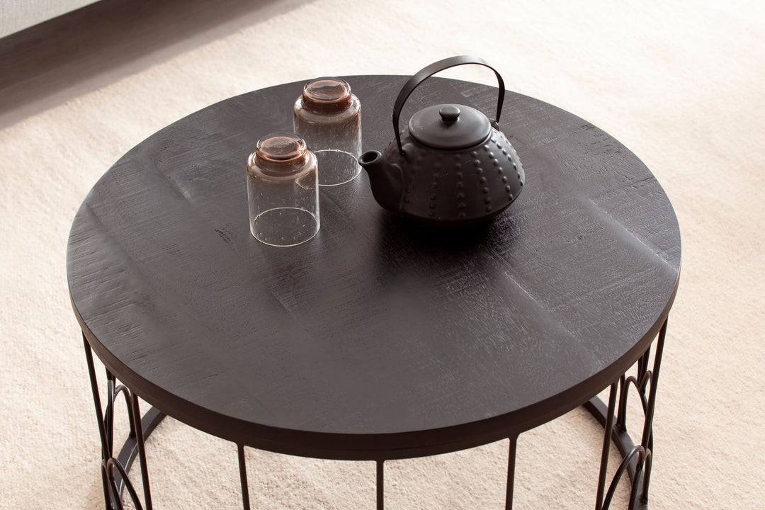 Couchtisch Rund in Schwarz aus Mango Massivholz mit Metallgestell, 60x60x36cm, Industrial Design