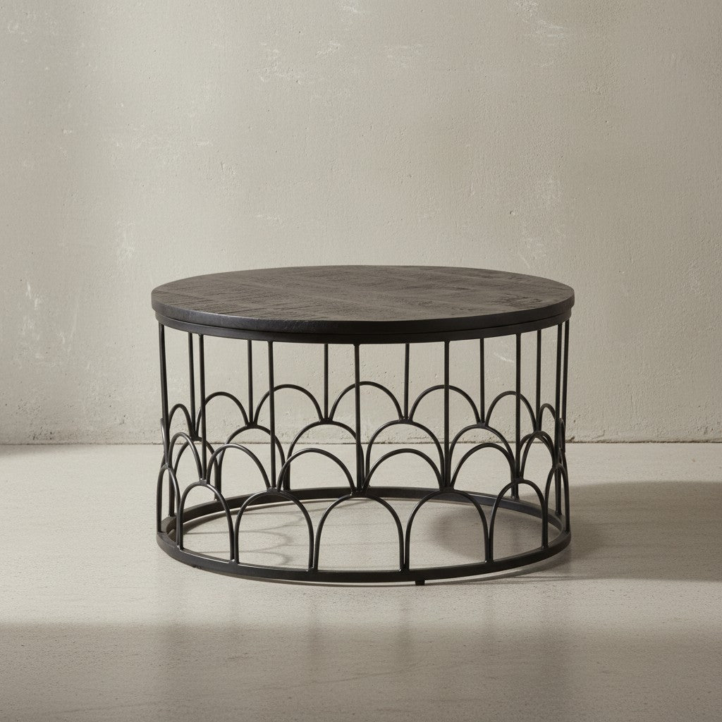Couchtisch 60x60x36 cm Mango Massivholz / Metall Schwarz Sofatisch Rund - Design Wohnzimmertisch Industrial - Kaffeetisch Wohnzimmer Massiv mit Metallgestell_