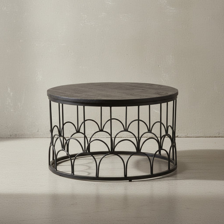 Couchtisch 60x60x36 cm Mango Massivholz / Metall Schwarz Sofatisch Rund - Design Wohnzimmertisch Industrial - Kaffeetisch Wohnzimmer Massiv mit Metallgestell_