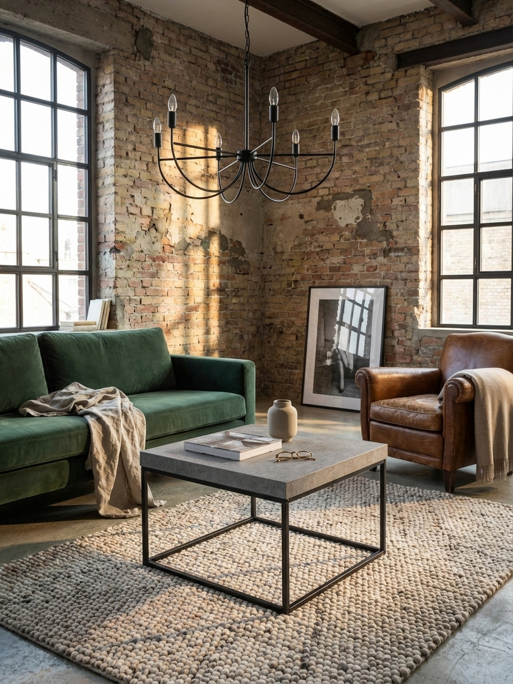 Der graue Kaffeetisch mit schwarzen Metallbeinen als harmonische Ergänzung zu einem bequemen, cremefarbenen Bouclé-Sofa und einem beigefarbenen Juteteppich._