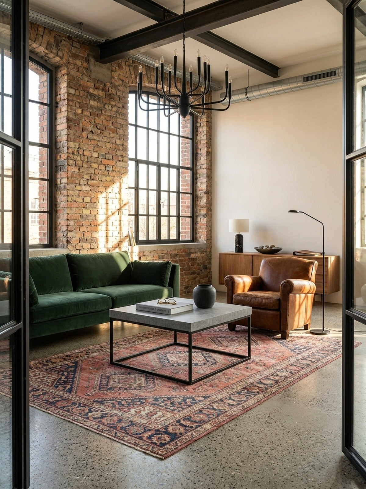 Moderner Couchtisch in Beton-Optik Grau, zentral platziert auf einem Wollteppich in einem hellen Wohnzimmer mit einem beigen Ecksofa im Hintergrund._