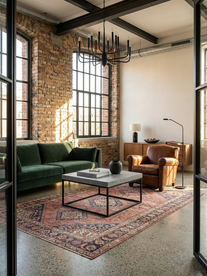 Moderner Couchtisch in Beton-Optik Grau, zentral platziert auf einem Wollteppich in einem hellen Wohnzimmer mit einem beigen Ecksofa im Hintergrund._