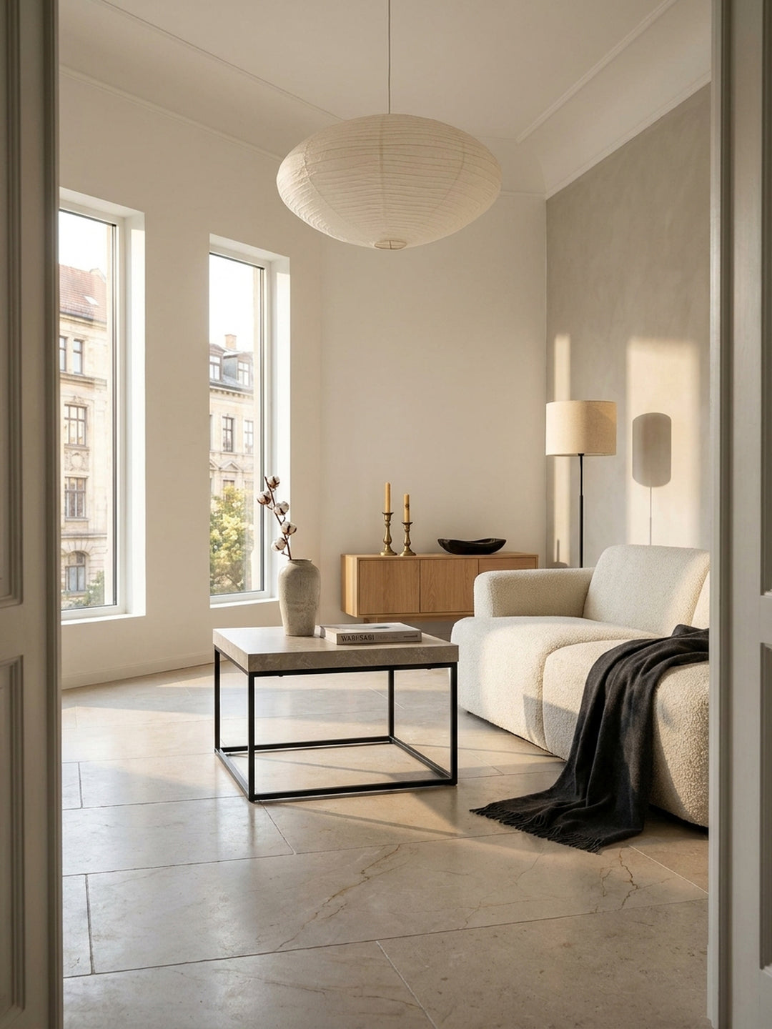 Moderner Couchtisch in sandfarbener Steinoptik als Mittelpunkt eines lichtdurchfluteten Wohnzimmers mit beigem Bouclé-Sofa und Eichenparkett._