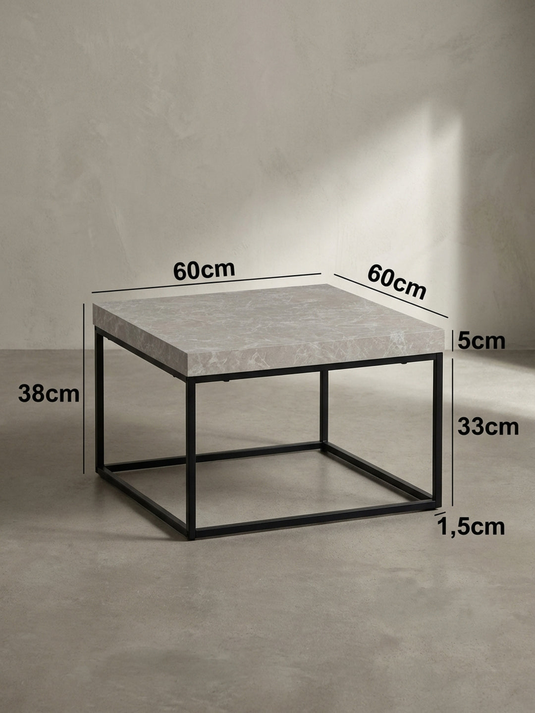Technisches Maßbild des Couchtisches mit exakten Abmessungen: Breite 60 cm, Tiefe 60 cm und Höhe 38 cm, zur idealen Raumplanung._