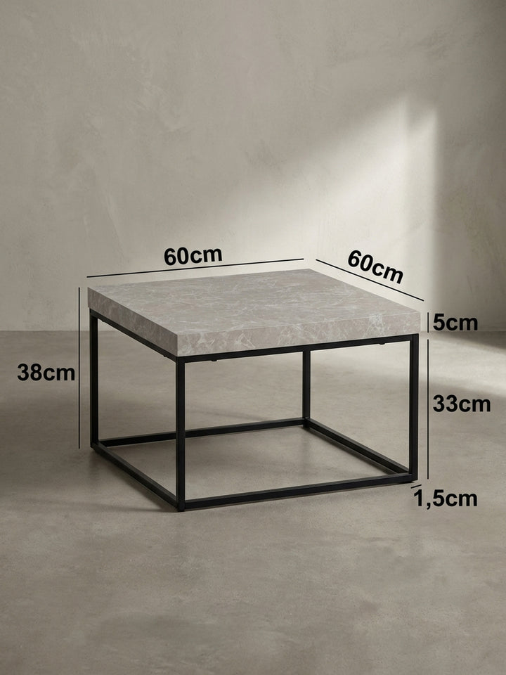 Technisches Maßbild des Couchtisches mit exakten Abmessungen: Breite 60 cm, Tiefe 60 cm und Höhe 38 cm, zur idealen Raumplanung._