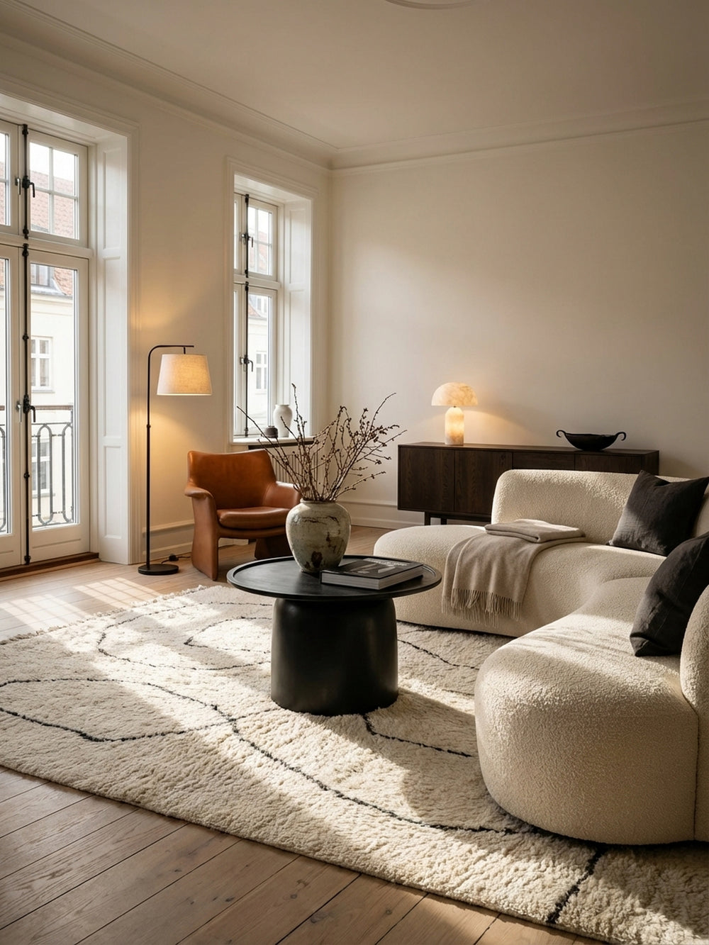 Moderner schwarzer Couchtisch aus massivem Mangoholz als Mittelpunkt in einem hellen Wohnzimmer mit beigem Sofa und Wollteppich._