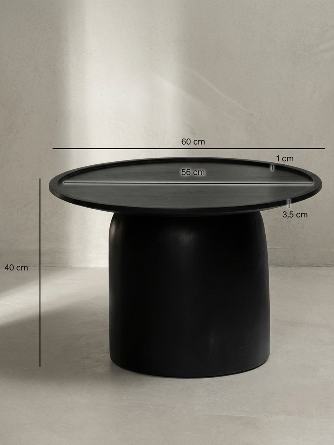 Technisches Maßbild des runden Couchtisches mit exakten Abmessungen: 60 cm Breite, 60 cm Tiefe und 40 cm Höhe._