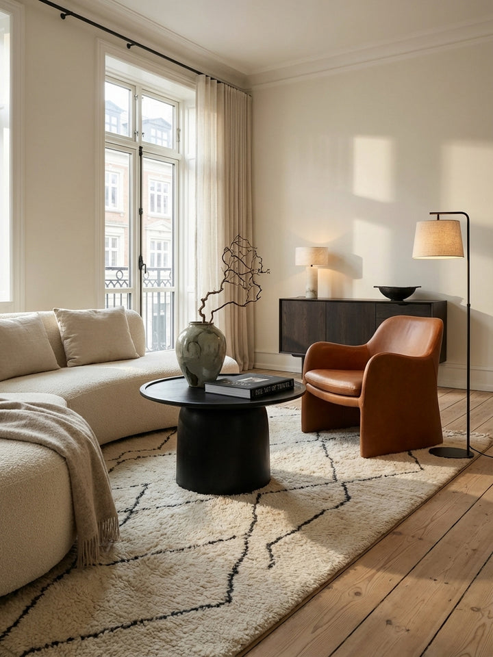 Der runde Couchtisch aus schwarzem Mangoholz steht als eleganter Kontrast neben einem gemütlichen, hellgrauen Leinensofa._