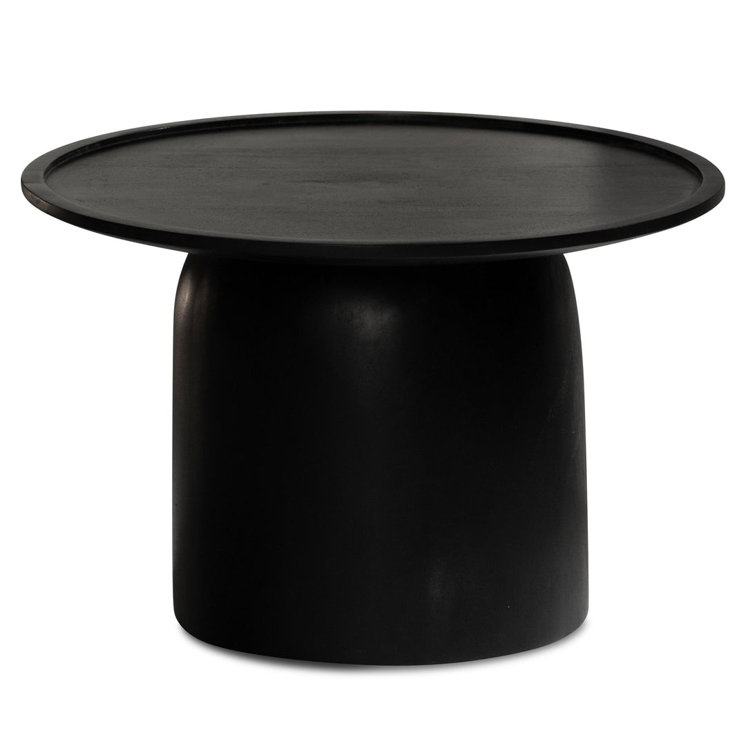 Couchtisch Rund Schwarz Mango Massivholz, 60x60x40 cm, Erhöhter Rand, Trommelgestell