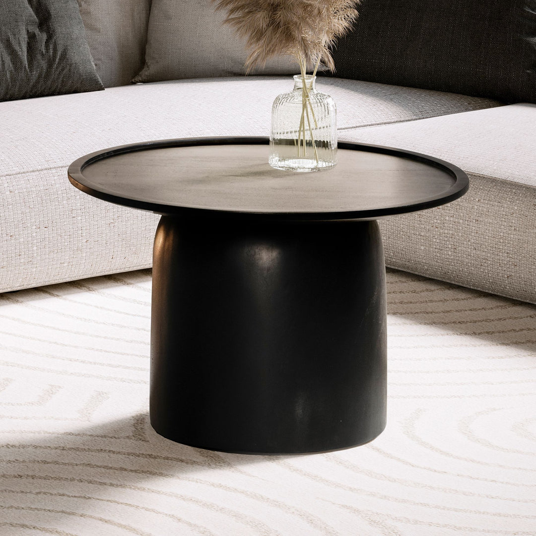 Couchtisch Rund Schwarz Mango Massivholz, 60x60x40 cm, Erhöhter Rand, Trommelgestell