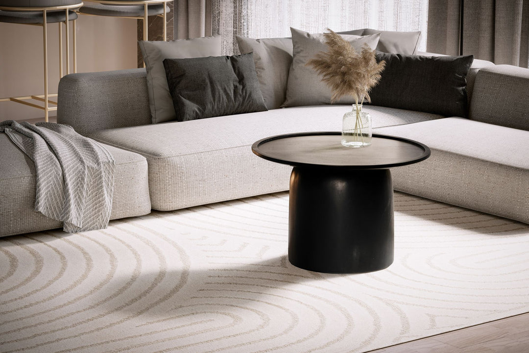 Couchtisch Rund Schwarz Mango Massivholz, 60x60x40 cm, Erhöhter Rand, Trommelgestell