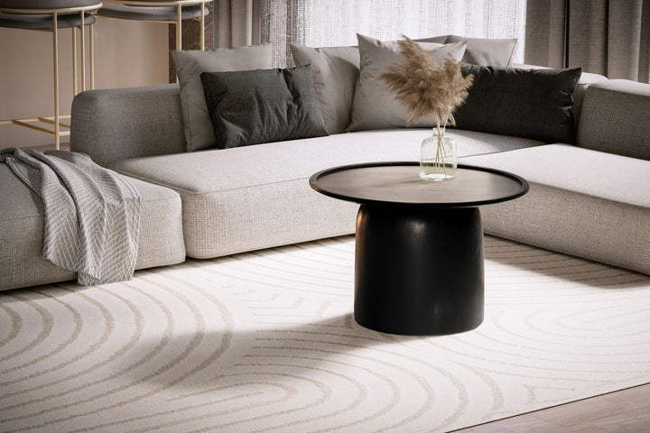 Couchtisch Rund Schwarz Mango Massivholz, 60x60x40 cm, Erhöhter Rand, Trommelgestell