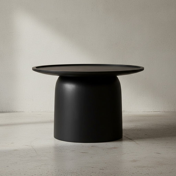 Couchtisch 60x60x40 cm Mango Massivholz Schwarz Sofatisch Rund - Design Wohnzimmertisch mit erhöhtem Rand - Kaffeetisch Wohnzimmer Modern mit Trommelgestell_