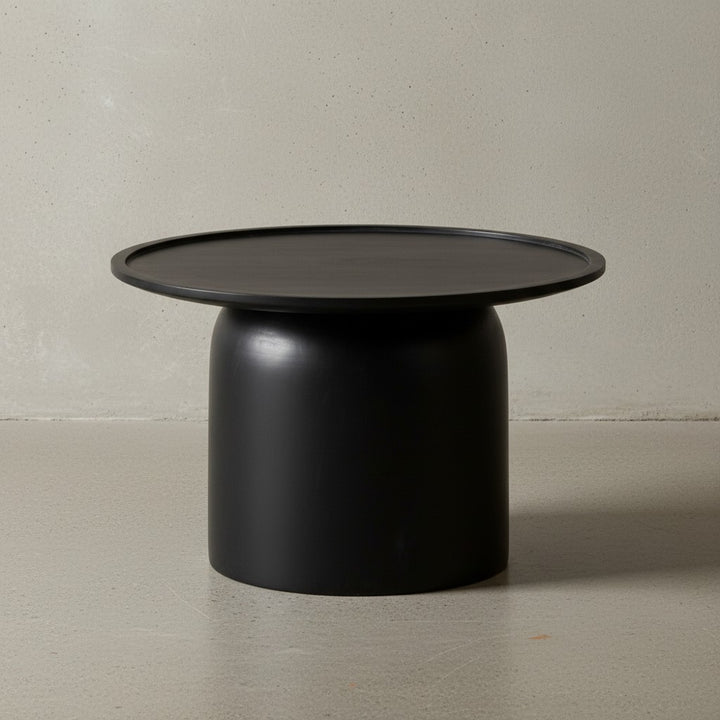 Couchtisch 60x60x40 cm Mango Massivholz Schwarz Sofatisch Rund - Design Wohnzimmertisch mit erhöhtem Rand - Kaffeetisch Wohnzimmer Modern mit Trommelgestell_