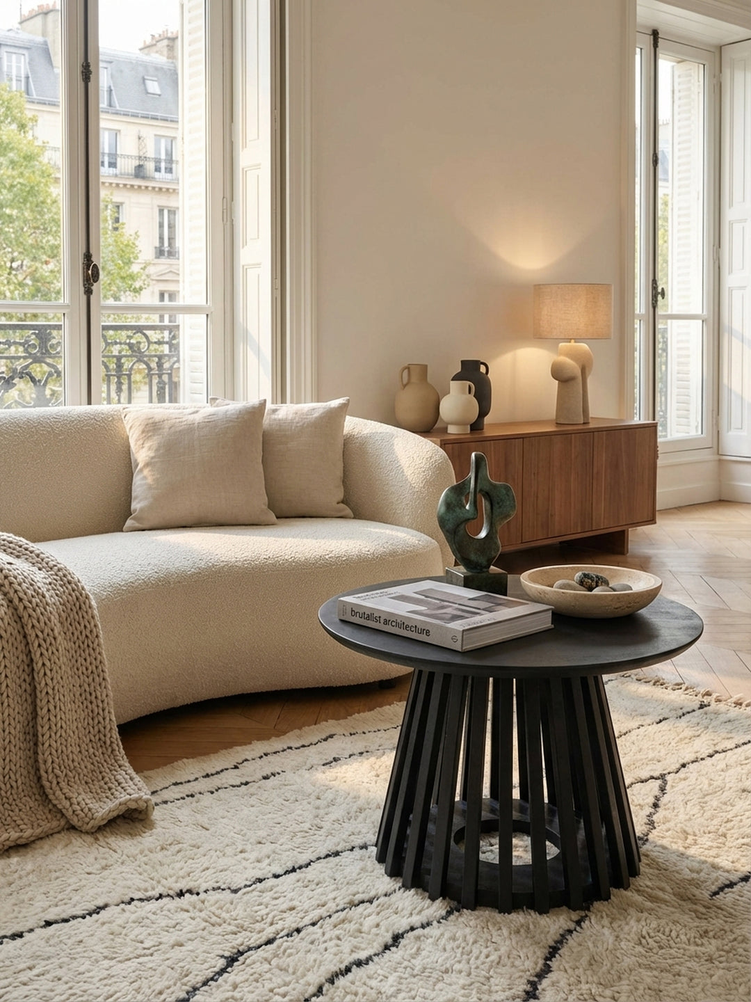 Der runde, schwarze Couchtisch aus Mangoholz harmoniert perfekt mit einem hellen Stoffsofa und einem warmen Plaid in einem gemütlichen Wohnbereich._